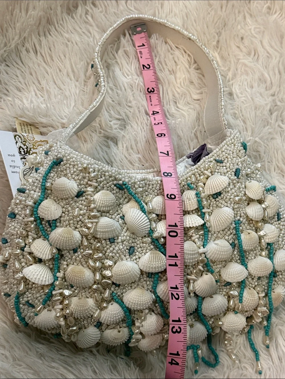 NWT Beaded Shell Accent White Shoulder Bag with Turquoise Detail